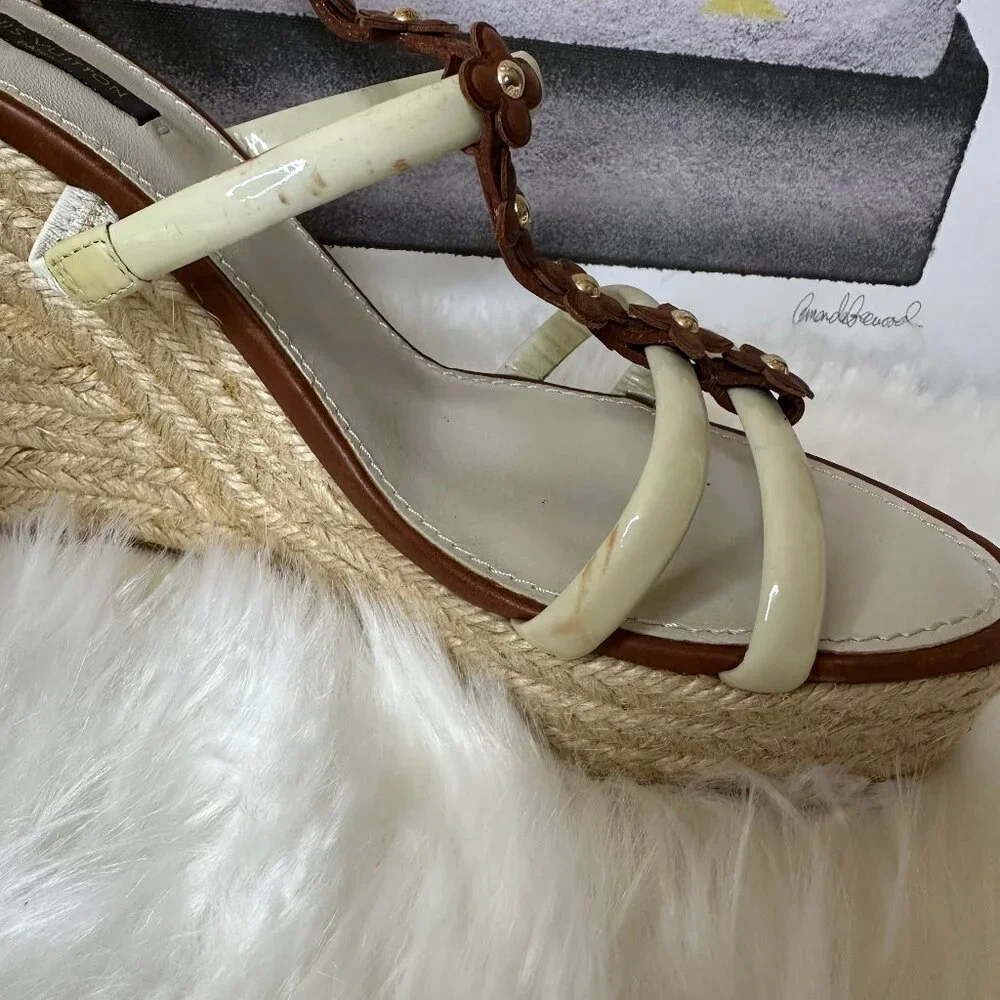 ❌SOLD❌Authentic Louis Vuitton Cream & Brown Leather/Enamel Flower Wedge Sandals - Picture 8 of 16